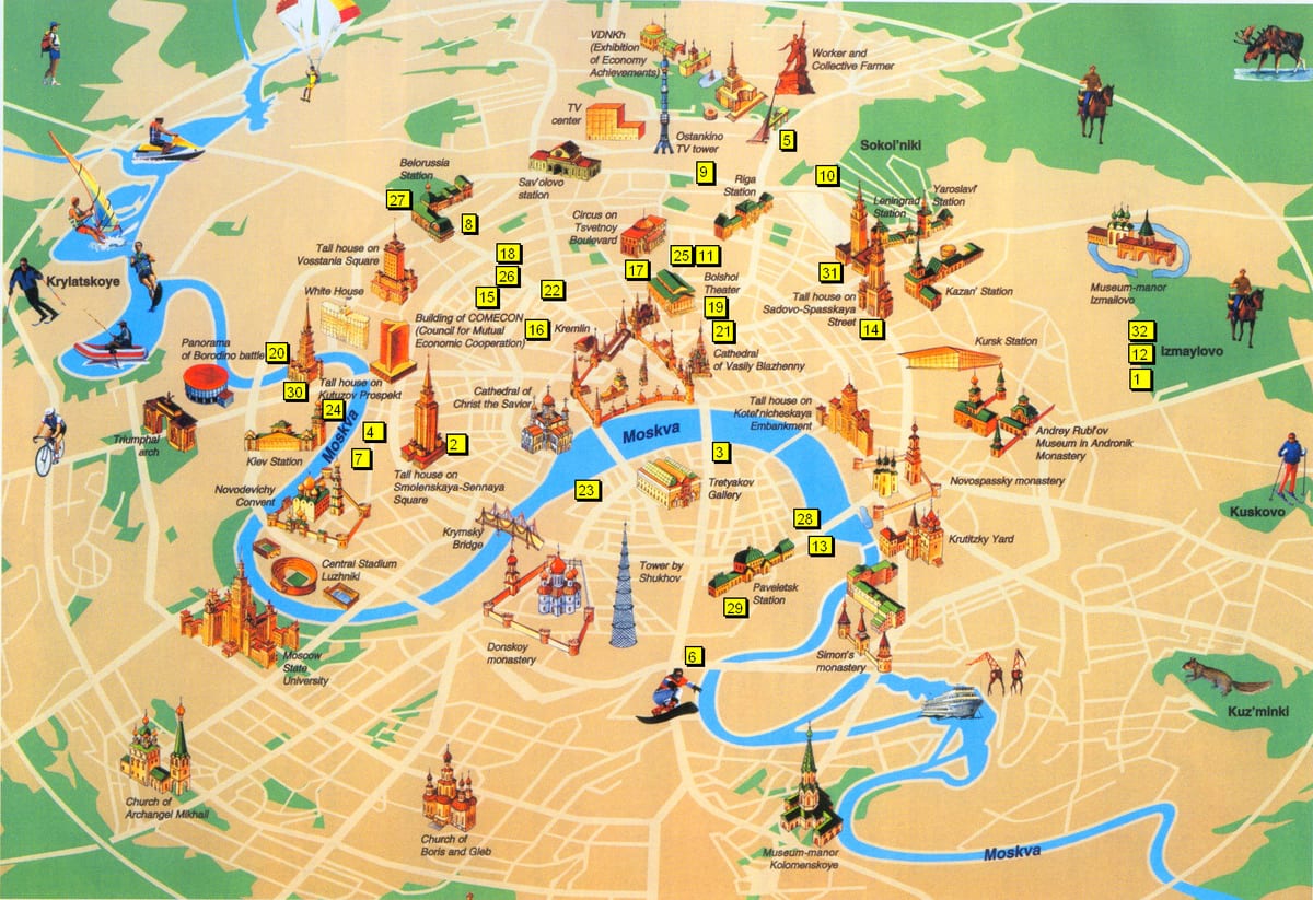 Mapa turístico de Moscú con atracciones, museos, lugares de interés y monumentos