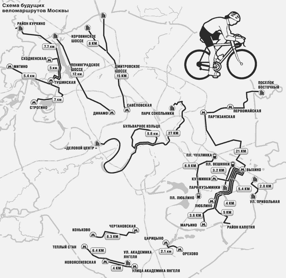 Mapa de las rutas ciclistas, vías ciclistas y carriles bici de Moscú